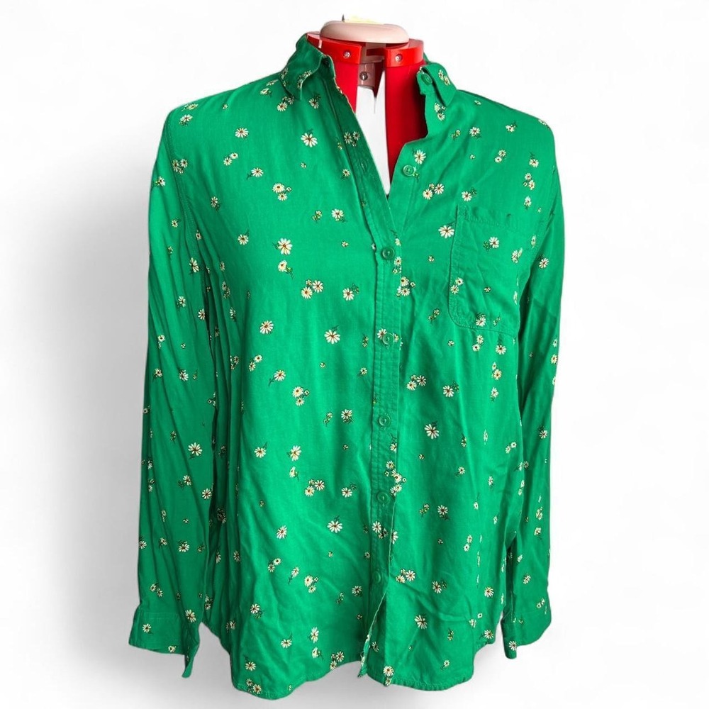 beach lunch lounge Green Floral Long Sleeves Button Down Shirt Size XL